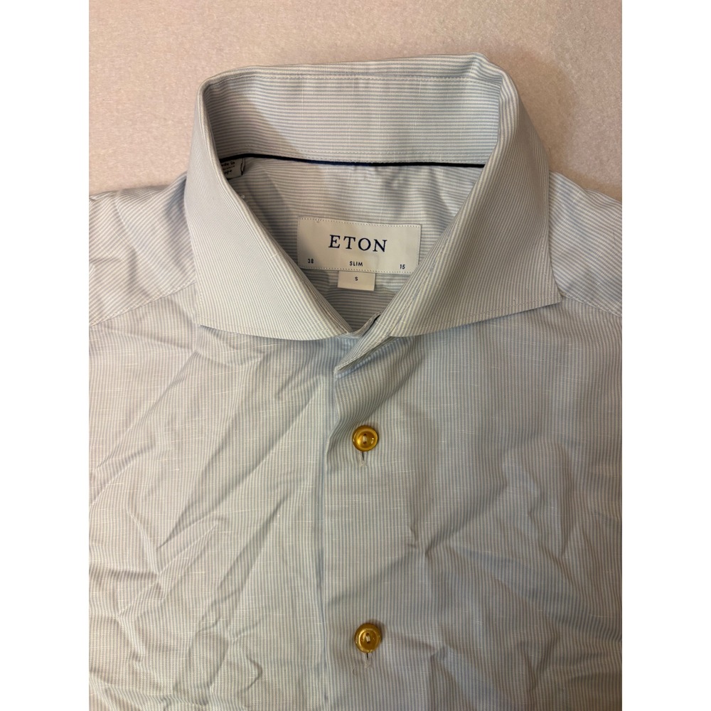 Eton Slim Fit Dress Shirt Mens 15 38 Small Blue White Micro Stripe Spread Collar